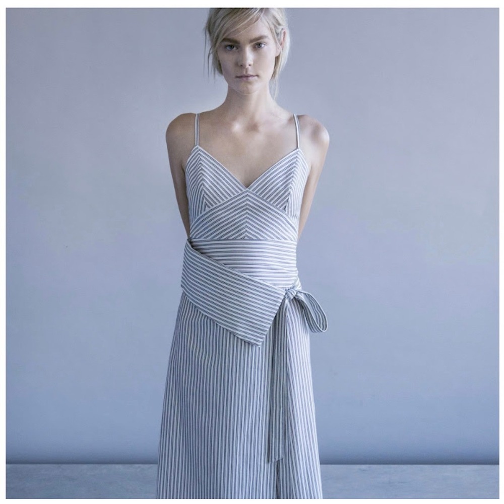 Storia Black White Striped Wrap Front Midi Dress Spaghetti Strap Womens Large‎